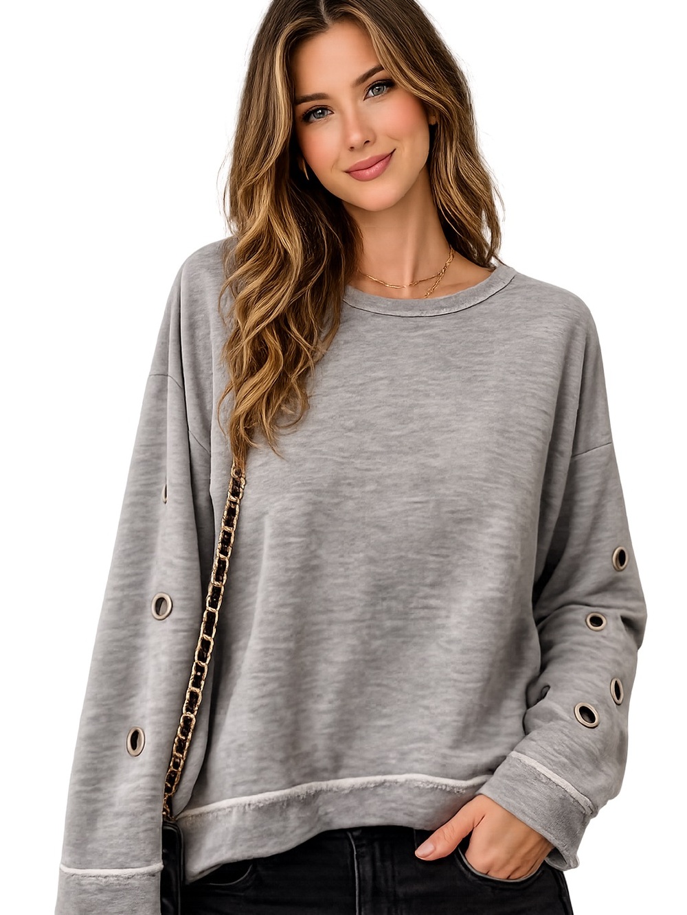 Saks Fifth Avenue Gray Grommet Sleeve Sweatshirt Pullover Top XL